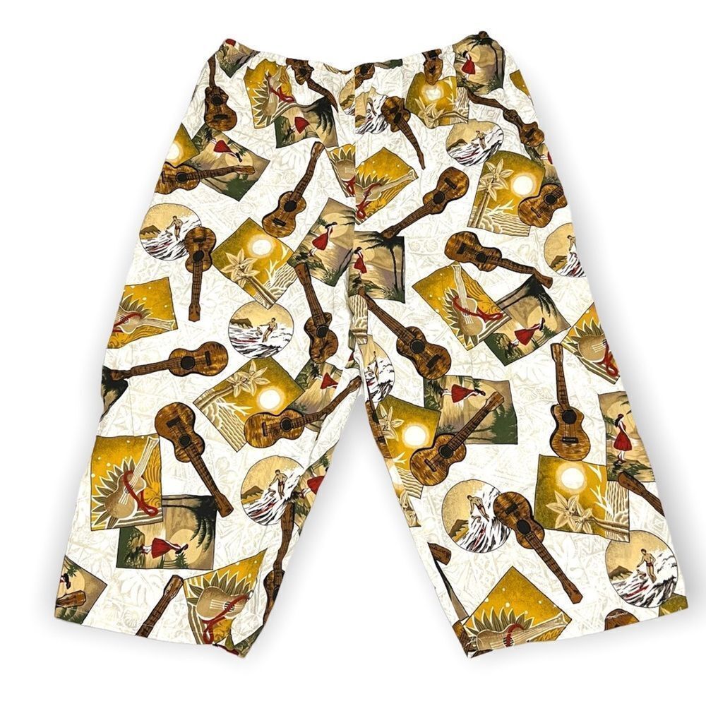 Y2K Vintage Hilo Hattie Cotton Capri Pants Wide Leg Surfer Ukulele Beach Print
